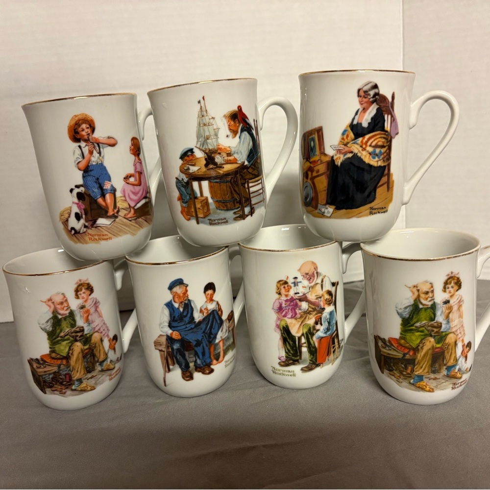 Vintage Norman Rockwell 7 White Ceramic Mugs with Authenticity Seal